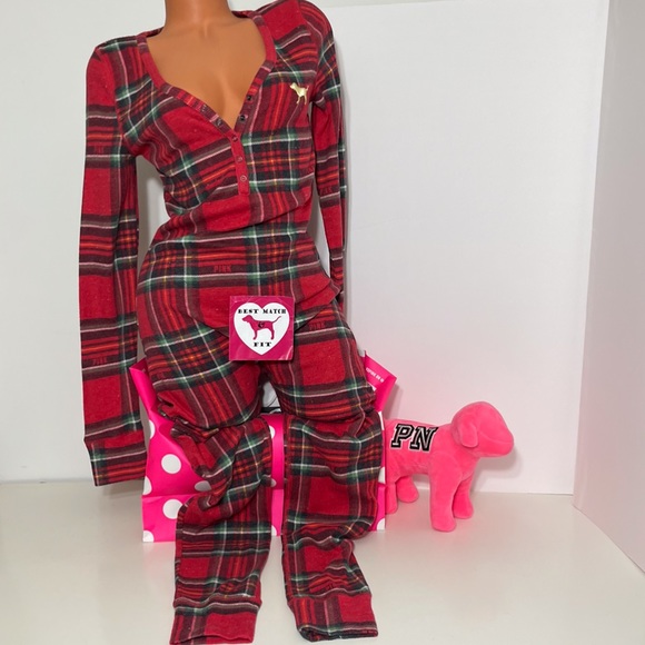 Victoria’s Secret PINK S M Logo Onesie Pajamas Open Back Button Up - Picture 2 of 2